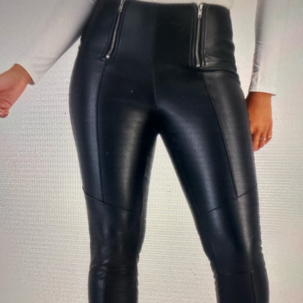 Faux-leather fabric leggings with double zipper closure size XL deep black